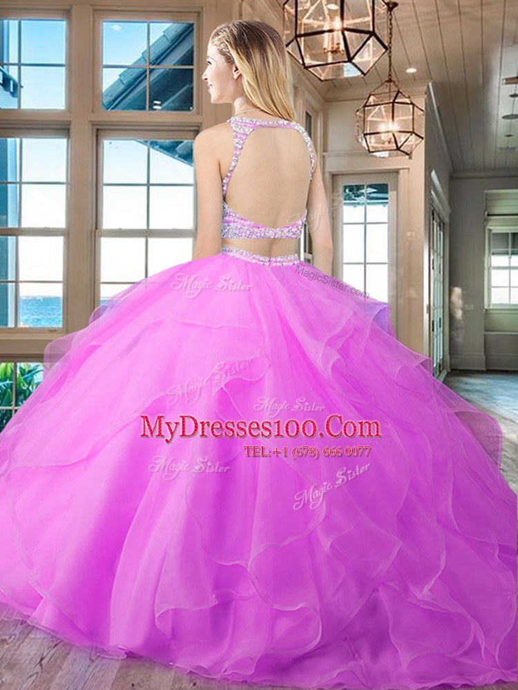Fancy Fuchsia Two Pieces Scoop Sleeveless Organza With Brush Train Backless Beading and Ruffles 15th Birthday Dress