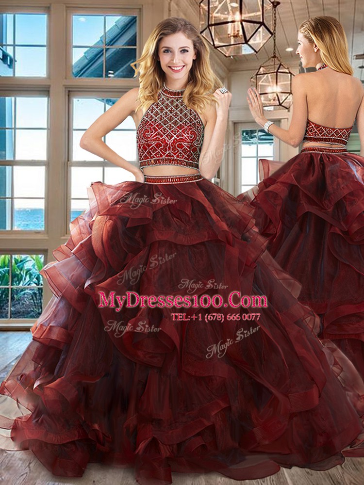 Halter Top Two Pieces Sleeveless Burgundy 15th Birthday Dress Brush Train Backless