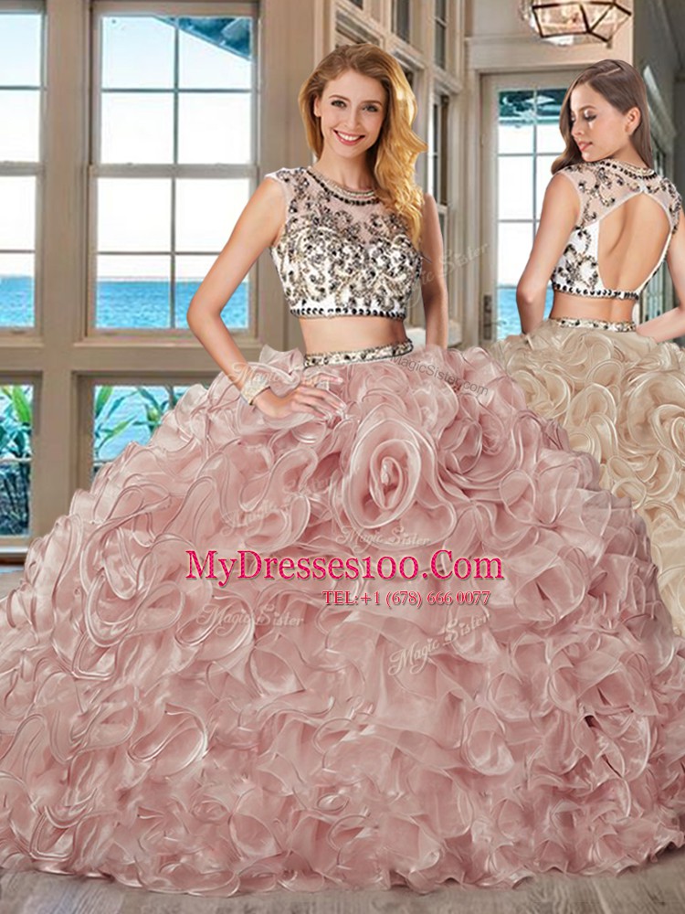 Scoop Pink Two Pieces Beading and Ruffles Sweet 16 Quinceanera Dress Backless Organza Cap Sleeves With Train