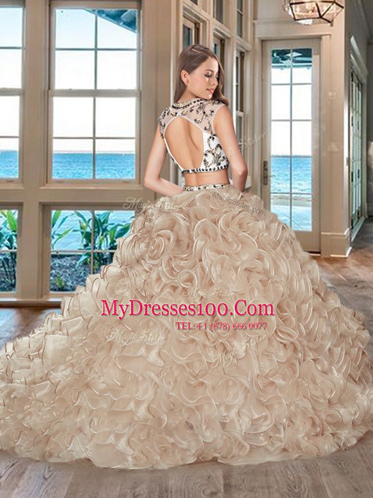 Scoop Pink Two Pieces Beading and Ruffles Sweet 16 Quinceanera Dress Backless Organza Cap Sleeves With Train