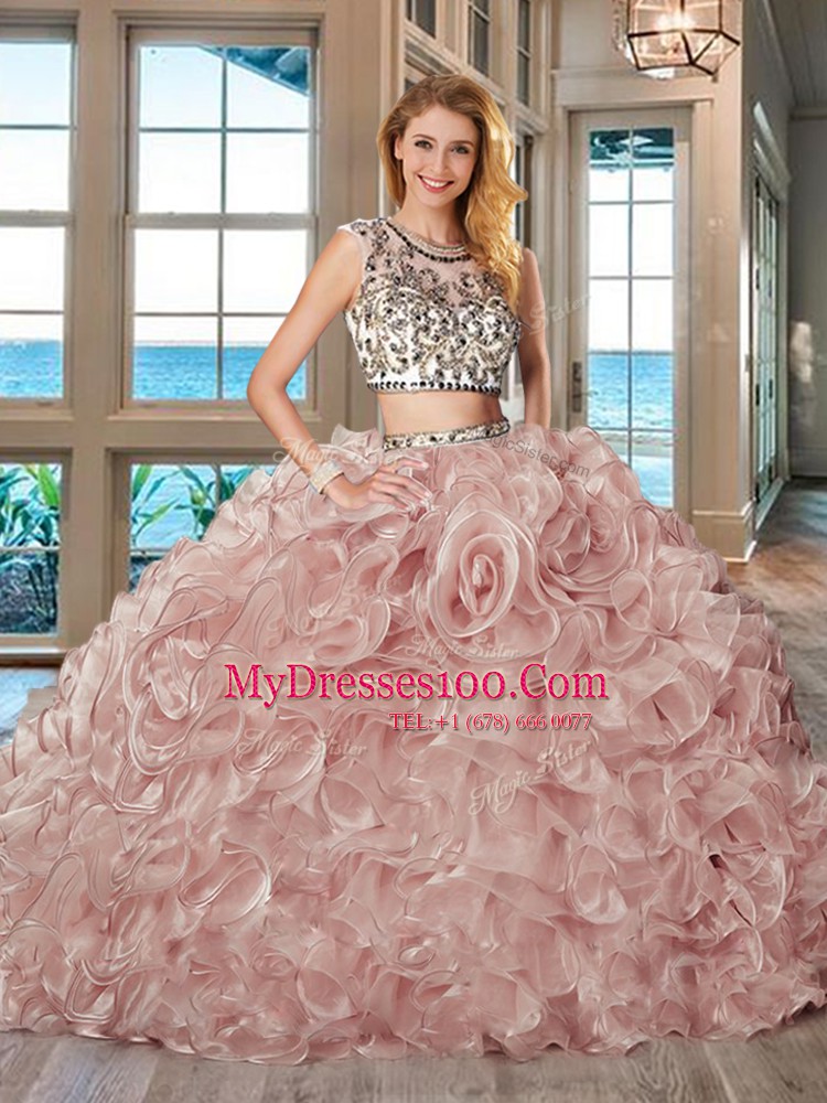 Scoop Pink Two Pieces Beading and Ruffles Sweet 16 Quinceanera Dress Backless Organza Cap Sleeves With Train