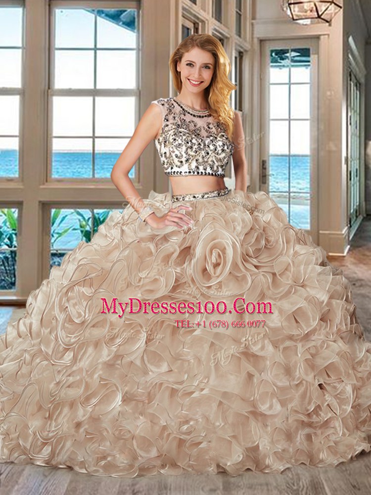Scoop Pink Two Pieces Beading and Ruffles Sweet 16 Quinceanera Dress Backless Organza Cap Sleeves With Train