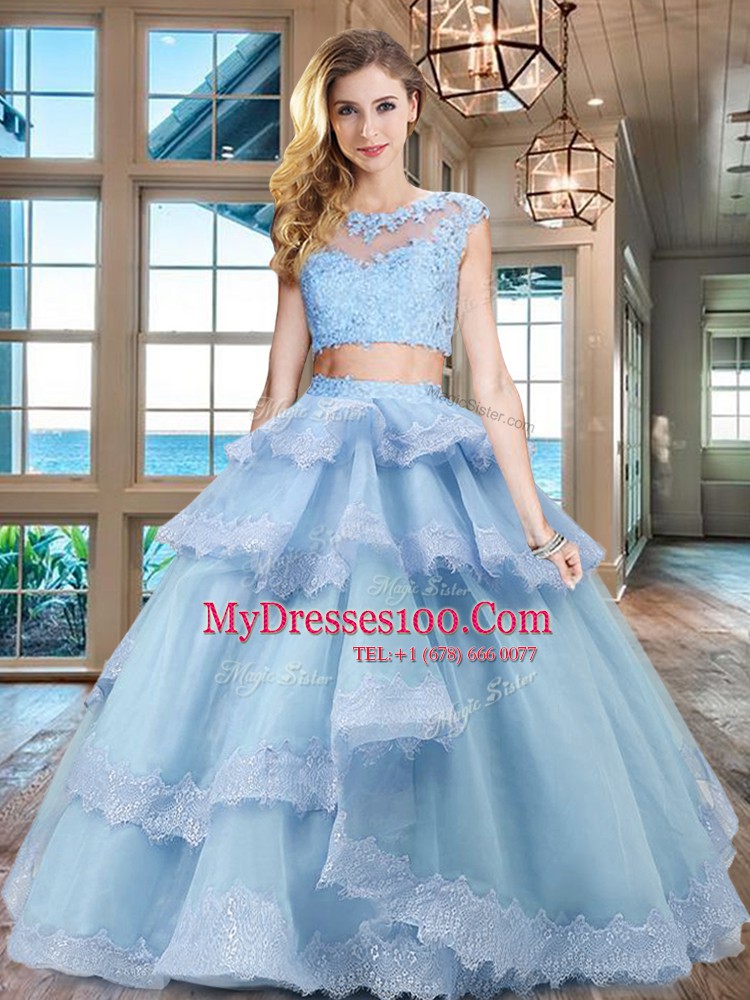 Best Scoop Cap Sleeves Tulle Floor Length Zipper Quinceanera Gown in Light Blue with Beading and Lace and Appliques and Ruffled Layers