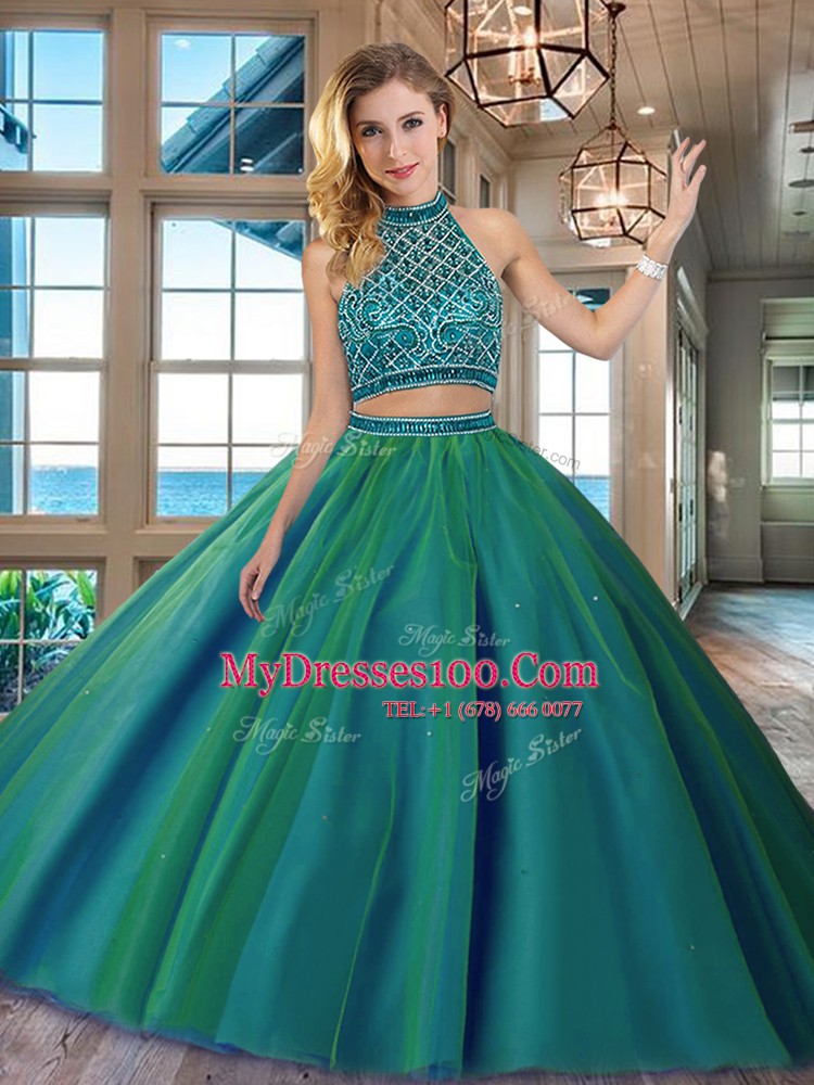 Halter Top Dark Green Tulle Backless Sweet 16 Quinceanera Dress Sleeveless Brush Train Beading