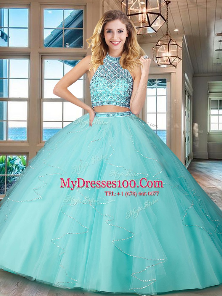 Custom Made Halter Top Backless Floor Length Aqua Blue Quinceanera Dresses Tulle Sleeveless Beading and Ruffles