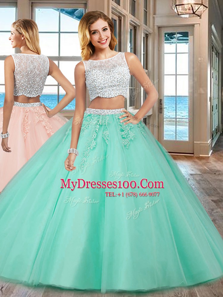 Bateau Sleeveless Quinceanera Gowns Floor Length Beading and Appliques Apple Green Tulle