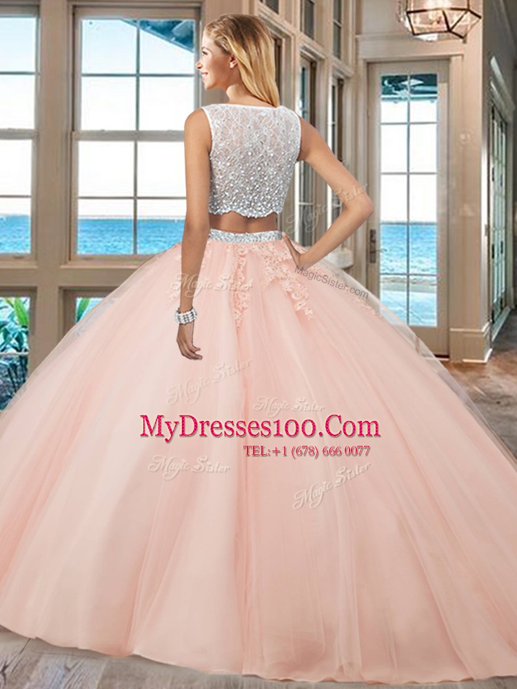 Bateau Sleeveless Quinceanera Gowns Floor Length Beading and Appliques Apple Green Tulle