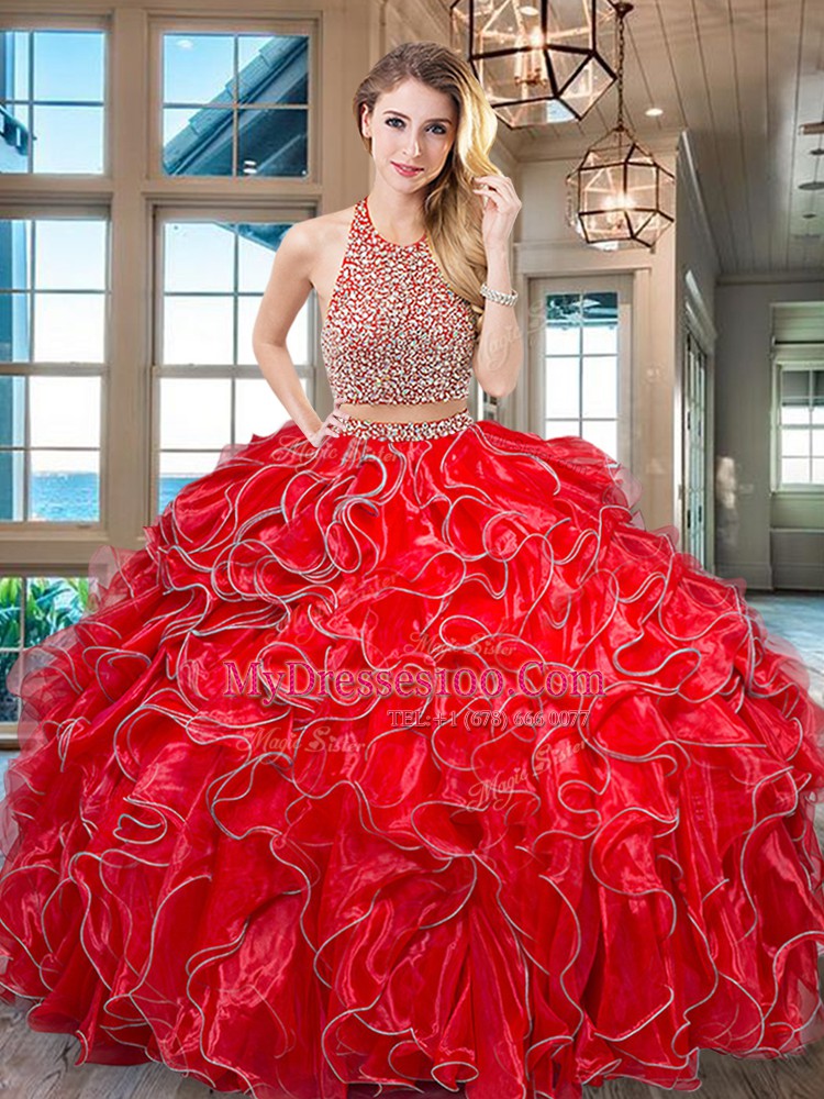 Affordable Royal Blue Halter Top Neckline Beading and Ruffled Layers Quinceanera Gown Sleeveless Backless