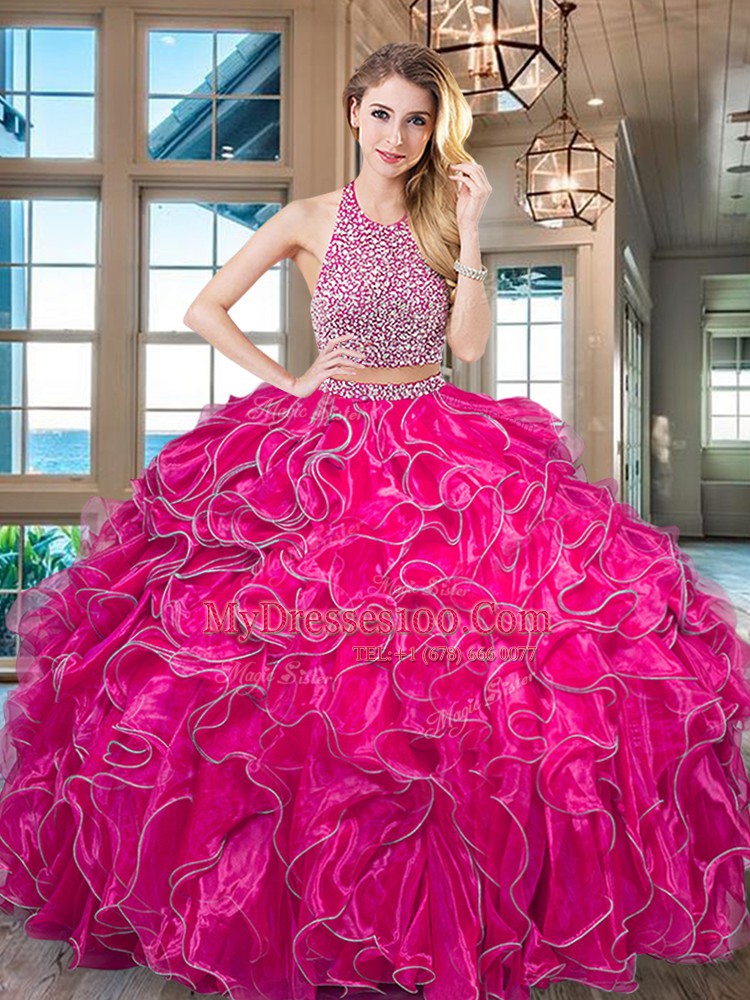 Affordable Royal Blue Halter Top Neckline Beading and Ruffled Layers Quinceanera Gown Sleeveless Backless