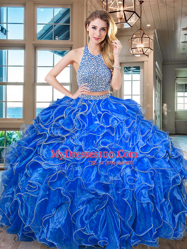 Affordable Royal Blue Halter Top Neckline Beading and Ruffled Layers Quinceanera Gown Sleeveless Backless