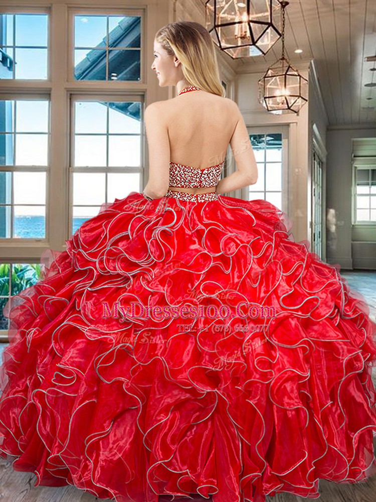 Affordable Royal Blue Halter Top Neckline Beading and Ruffled Layers Quinceanera Gown Sleeveless Backless