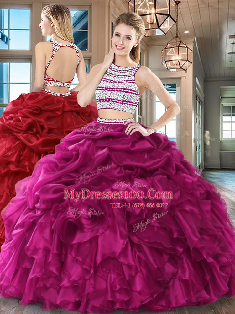 Elegant Scoop Fuchsia Backless Sweet 16 Dress Beading and Ruffles and Pick Ups Sleeveless Floor Length