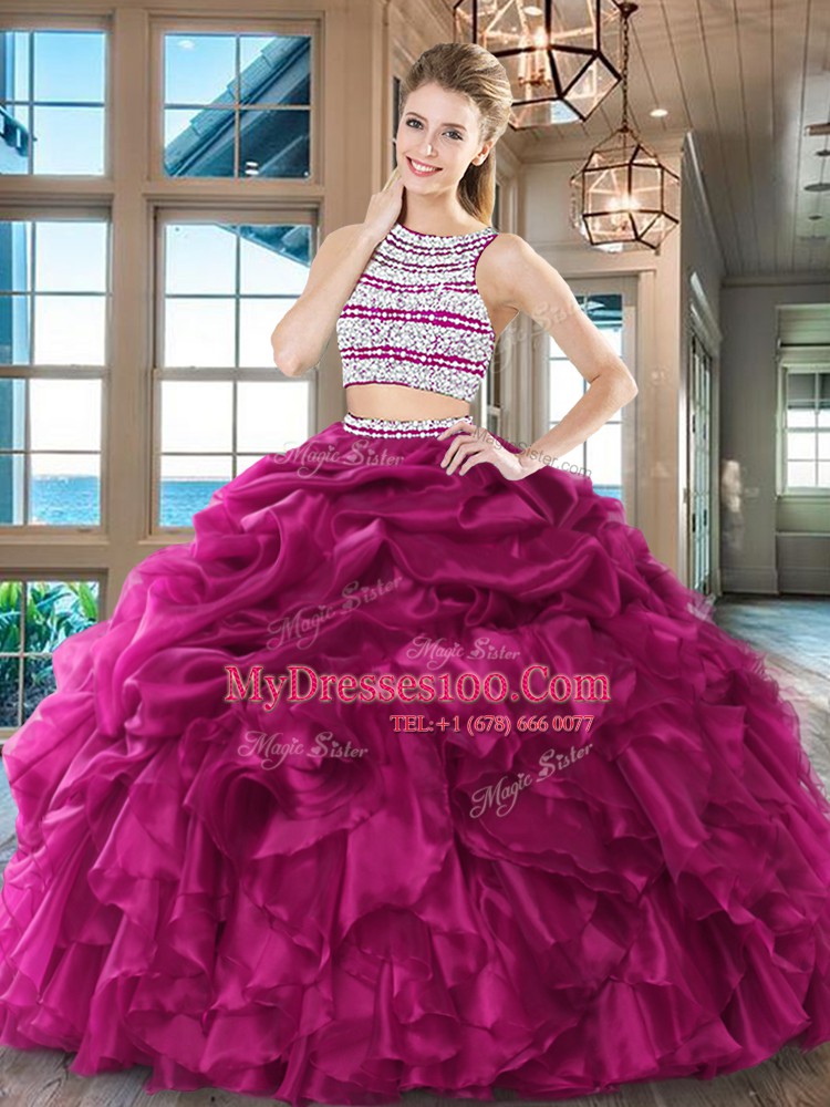 Elegant Scoop Fuchsia Backless Sweet 16 Dress Beading and Ruffles and Pick Ups Sleeveless Floor Length