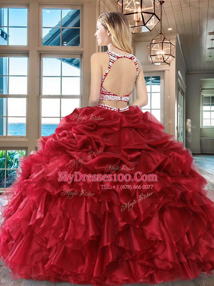 Elegant Scoop Fuchsia Backless Sweet 16 Dress Beading and Ruffles and Pick Ups Sleeveless Floor Length