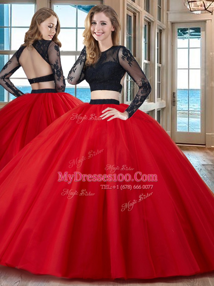 Clearance Scoop Long Sleeves Tulle Floor Length Backless 15 Quinceanera Dress in Red with Appliques