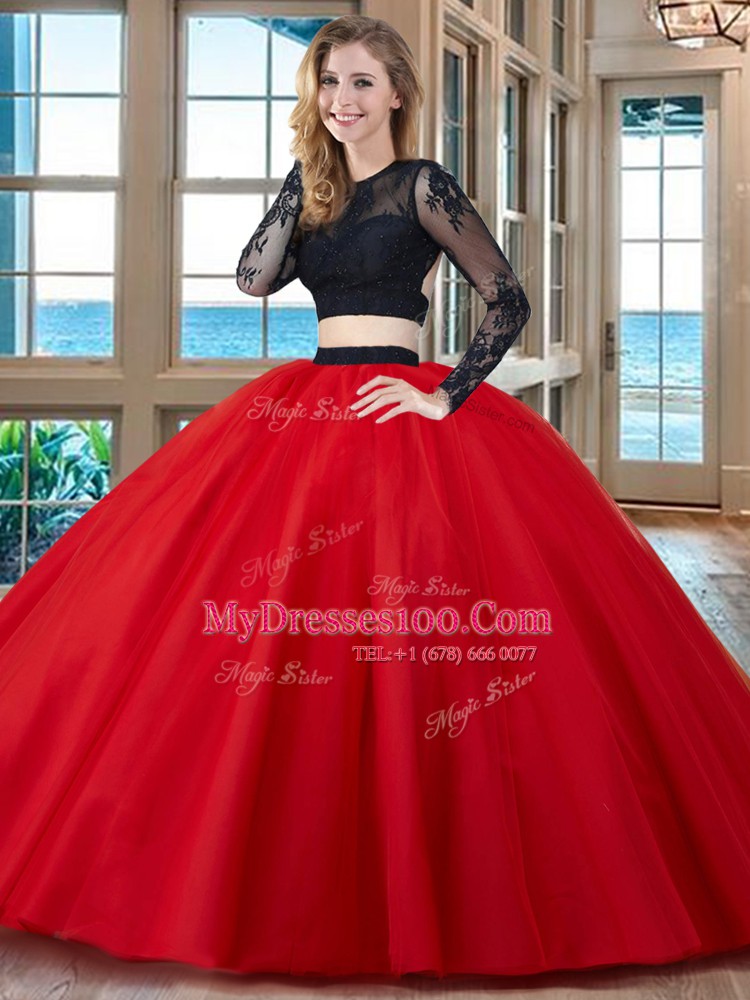 Clearance Scoop Long Sleeves Tulle Floor Length Backless 15 Quinceanera Dress in Red with Appliques