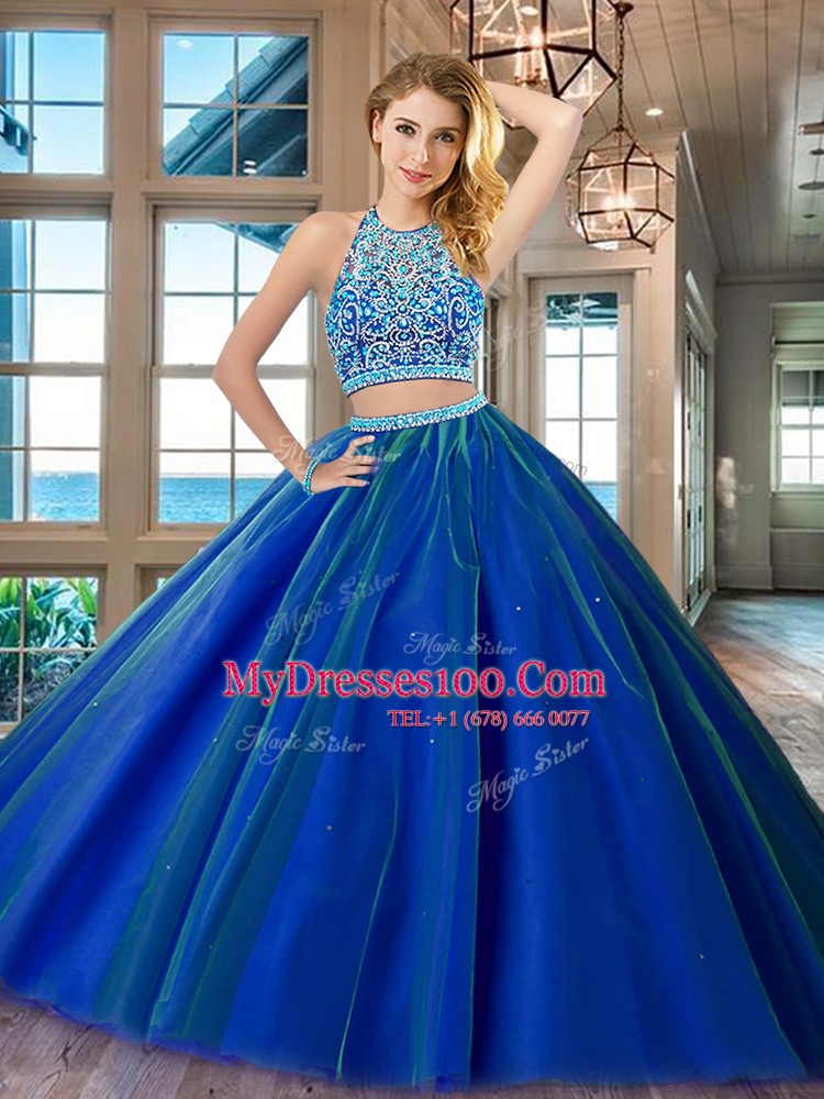 Scoop Royal Blue Sleeveless Floor Length Beading Backless 15 Quinceanera Dress