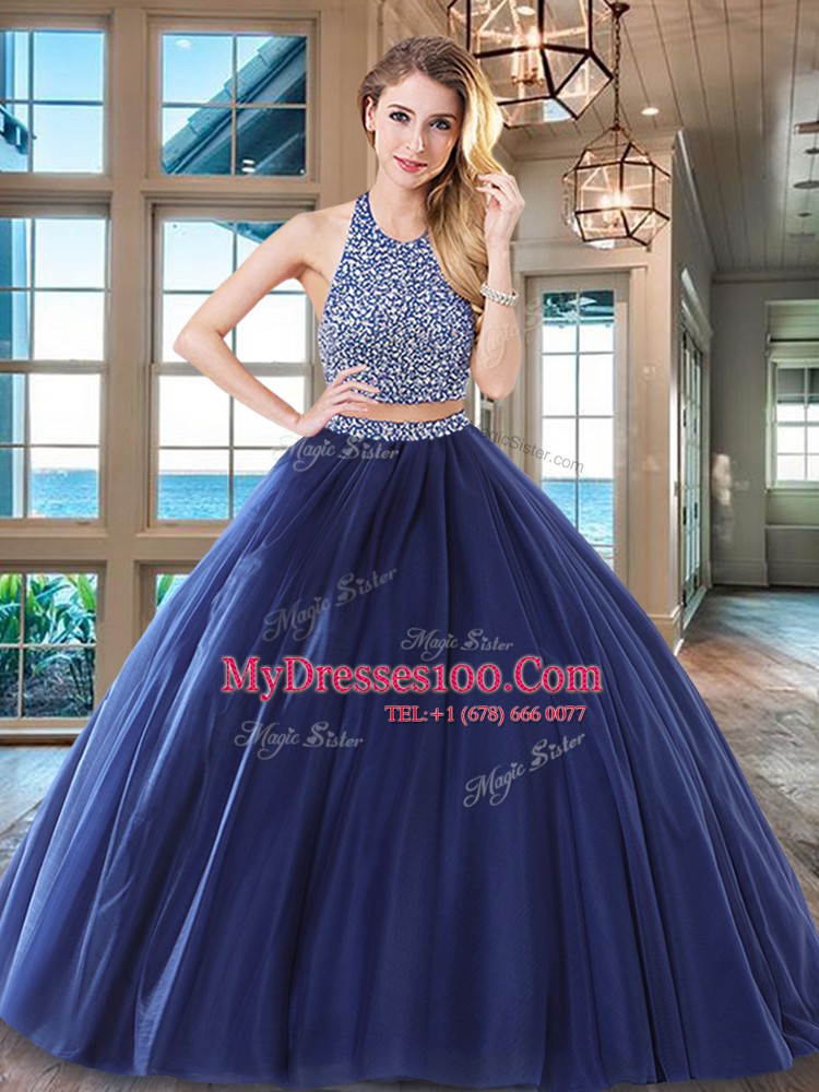 Tulle Halter Top Sleeveless Backless Beading Sweet 16 Dress in Wine Red
