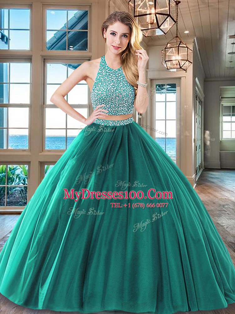 Tulle Halter Top Sleeveless Backless Beading Sweet 16 Dress in Wine Red