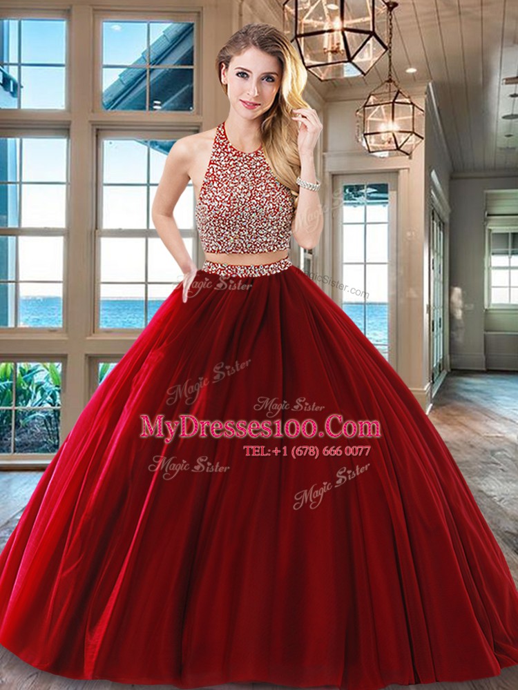 Tulle Halter Top Sleeveless Backless Beading Sweet 16 Dress in Wine Red