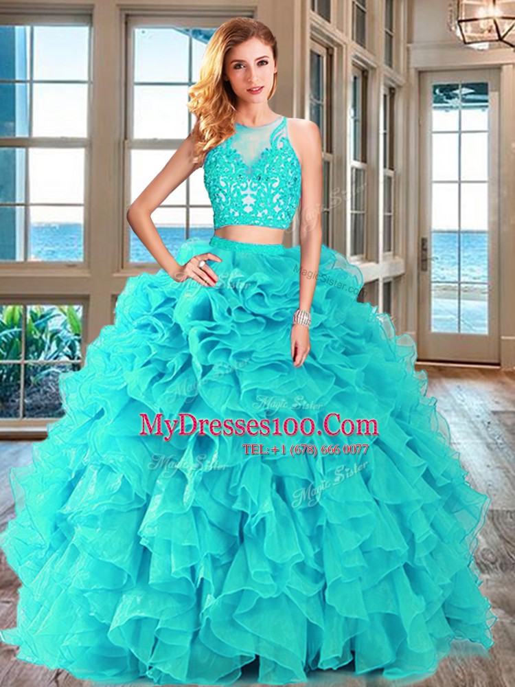 Scoop Aqua Blue Sleeveless Organza Lace Up Ball Gown Prom Dress for Military Ball and Sweet 16 and Quinceanera