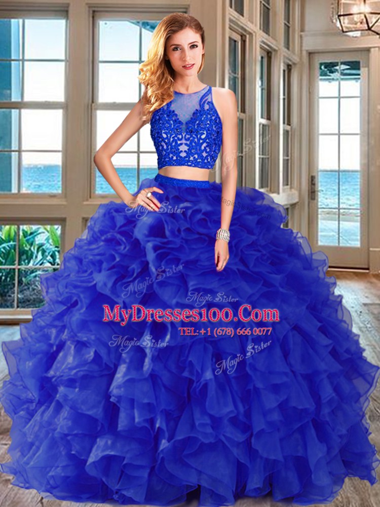 Scoop Aqua Blue Sleeveless Organza Lace Up Ball Gown Prom Dress for Military Ball and Sweet 16 and Quinceanera