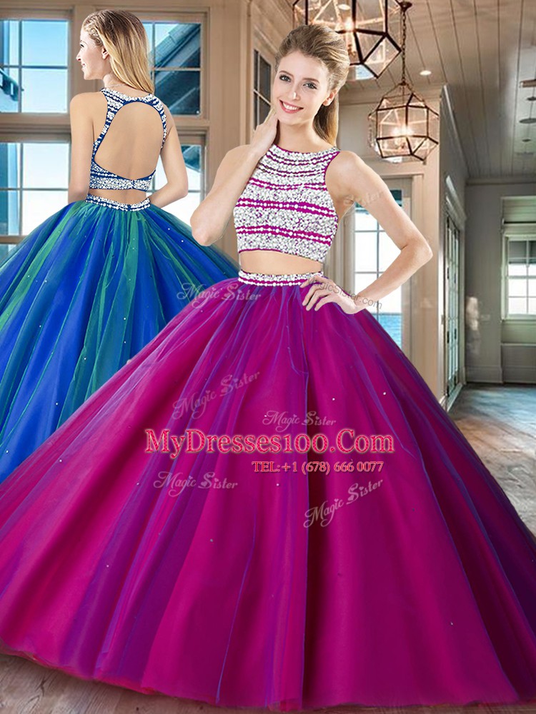 Two Pieces Sweet 16 Dress Fuchsia Scoop Tulle Sleeveless Floor Length Backless