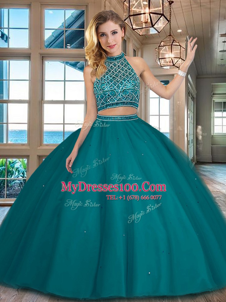 Teal Two Pieces Halter Top Sleeveless Tulle Floor Length Backless Beading Quinceanera Gown