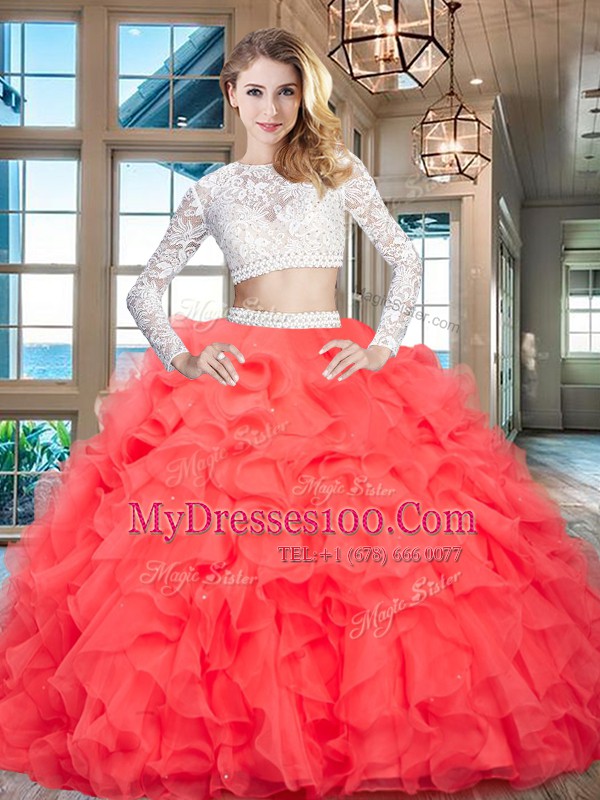 Scoop Organza Long Sleeves Floor Length 15th Birthday Dress and Beading and Lace and Ruffles