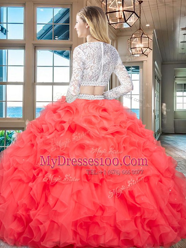 Scoop Organza Long Sleeves Floor Length 15th Birthday Dress and Beading and Lace and Ruffles