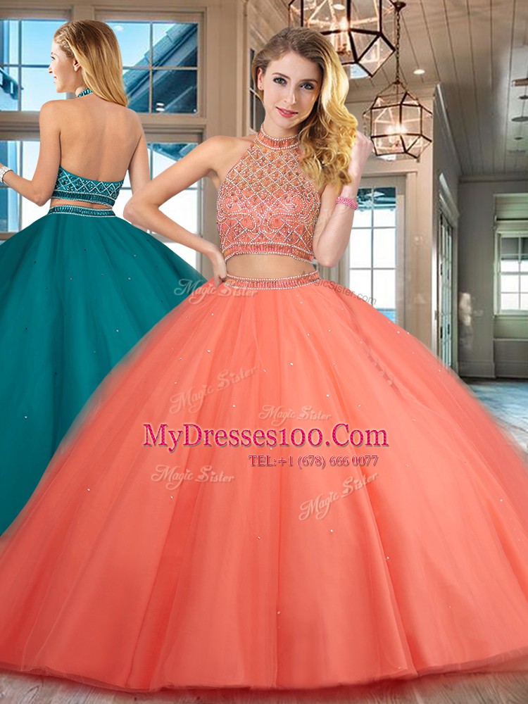 Decent Floor Length Orange Red 15th Birthday Dress Halter Top Sleeveless Backless