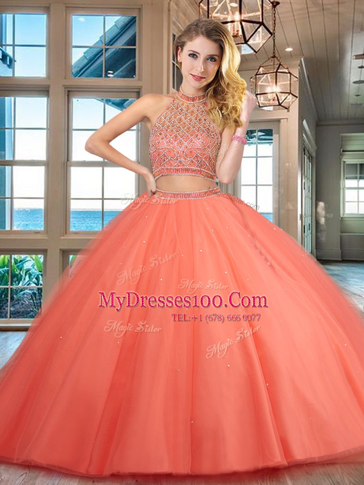 Decent Floor Length Orange Red 15th Birthday Dress Halter Top Sleeveless Backless