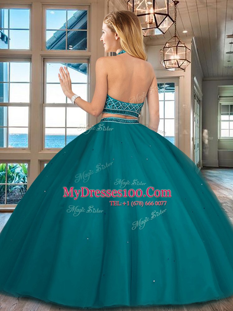 Decent Floor Length Orange Red 15th Birthday Dress Halter Top Sleeveless Backless