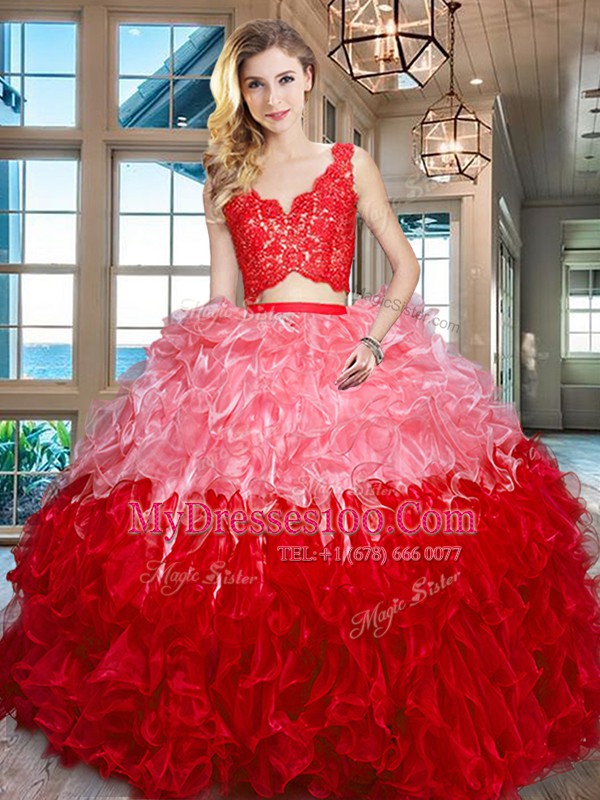 Low Price Multi-color Sleeveless Lace and Ruffles Floor Length Quince Ball Gowns