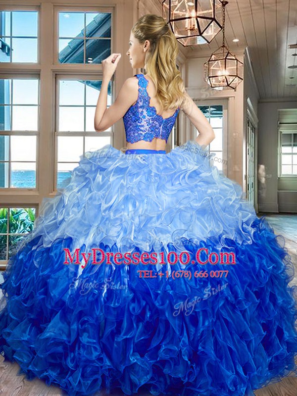 Low Price Multi-color Sleeveless Lace and Ruffles Floor Length Quince Ball Gowns