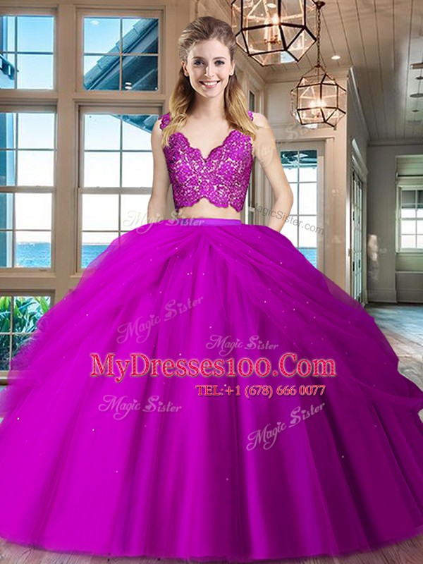 Fuchsia Two Pieces Tulle V-neck Sleeveless Lace and Ruffled Layers Floor Length Zipper Vestidos de Quinceanera