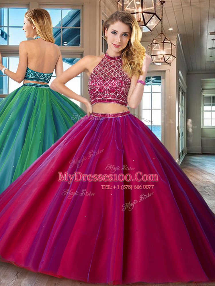 Cute Halter Top Sleeveless Beading Backless Vestidos de Quinceanera with Fuchsia Brush Train