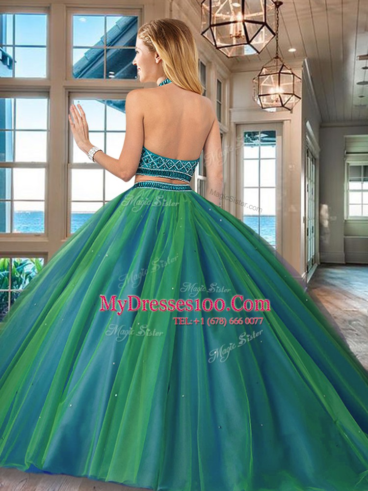 Cute Halter Top Sleeveless Beading Backless Vestidos de Quinceanera with Fuchsia Brush Train