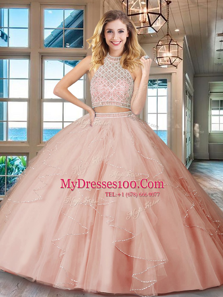 Discount Pink Two Pieces Halter Top Sleeveless Tulle Floor Length Backless Beading and Ruffles Sweet 16 Dress