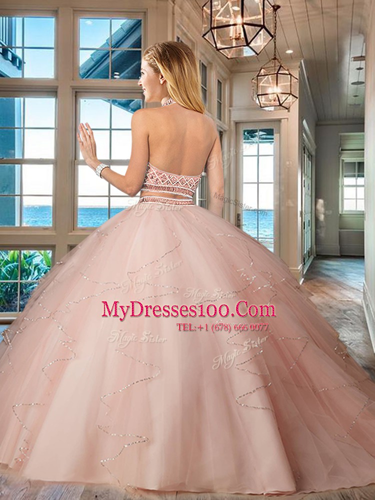 Discount Pink Two Pieces Halter Top Sleeveless Tulle Floor Length Backless Beading and Ruffles Sweet 16 Dress