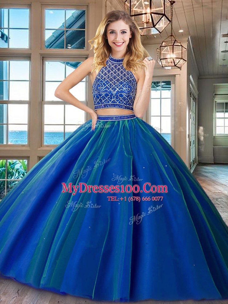 Inexpensive HalterHalter Top Royal Blue Two Pieces Beading Vestidos de Quinceanera Backless Tulle Sleeveless