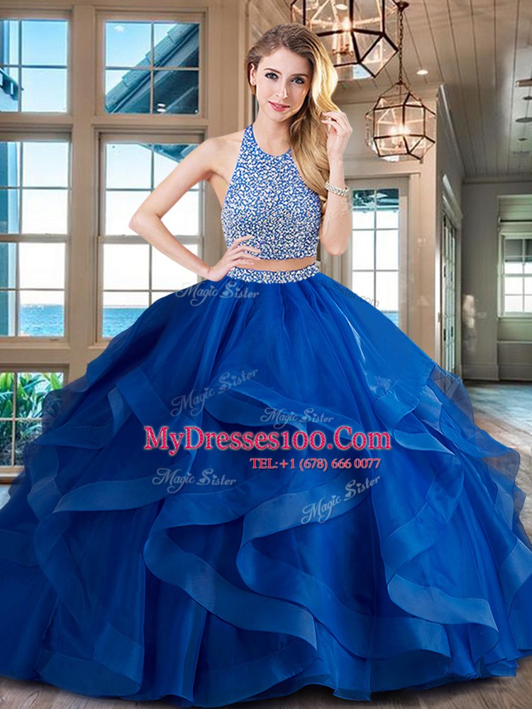 Halter Top With Train Two Pieces Sleeveless Red 15th Birthday Dress Brush Train Backless