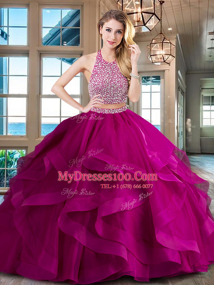 Halter Top With Train Two Pieces Sleeveless Red 15th Birthday Dress Brush Train Backless