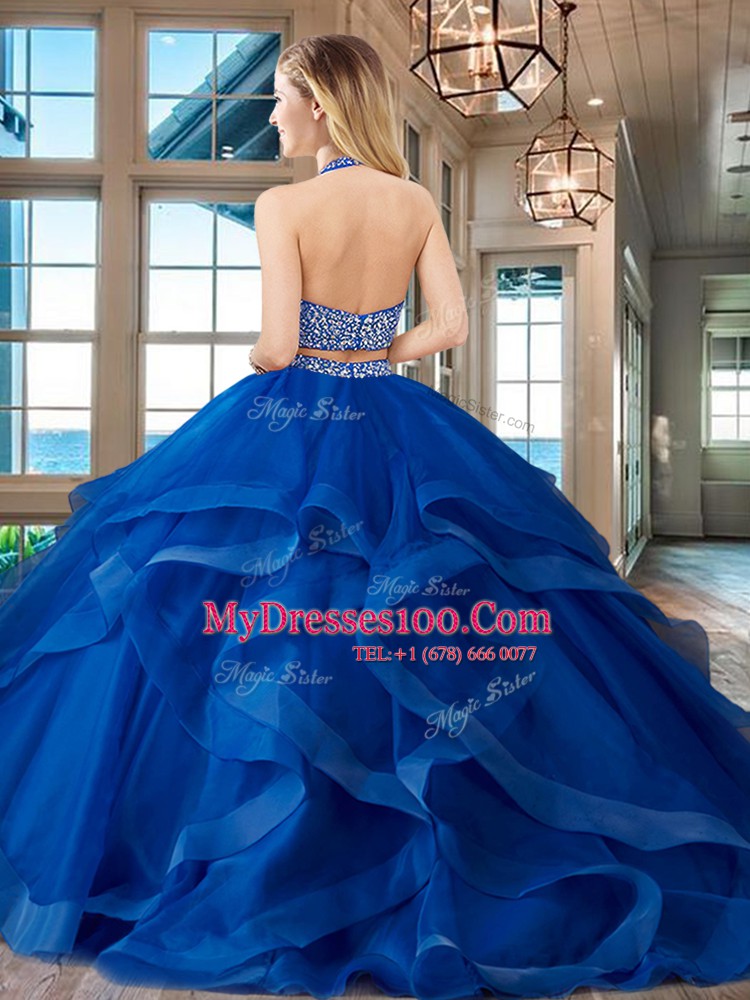 Halter Top With Train Two Pieces Sleeveless Red 15th Birthday Dress Brush Train Backless