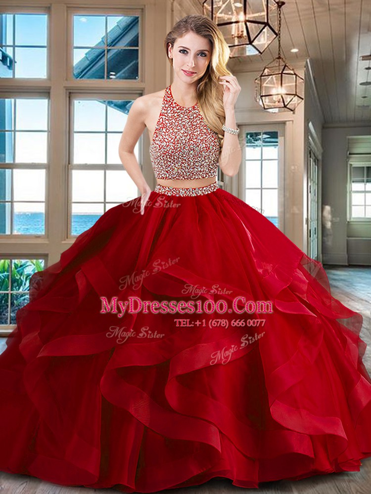 Halter Top With Train Two Pieces Sleeveless Red 15th Birthday Dress Brush Train Backless