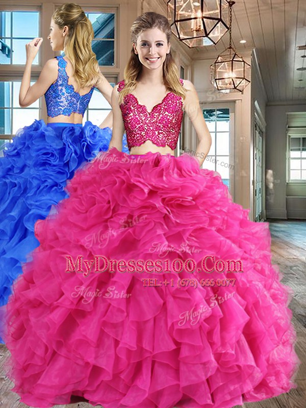 Sleeveless Zipper Floor Length Lace and Ruffles Quinceanera Gown