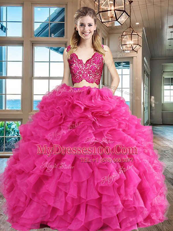 Sleeveless Zipper Floor Length Lace and Ruffles Quinceanera Gown