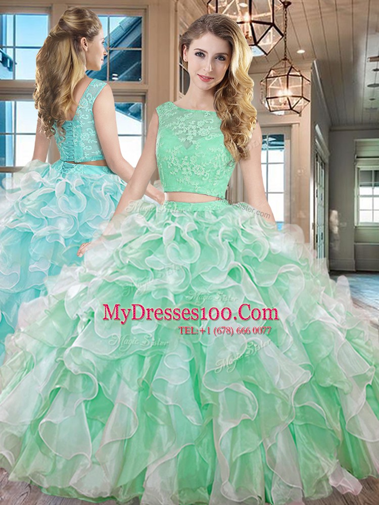 Floor Length Two Pieces Sleeveless Apple Green Quinceanera Gown Lace Up
