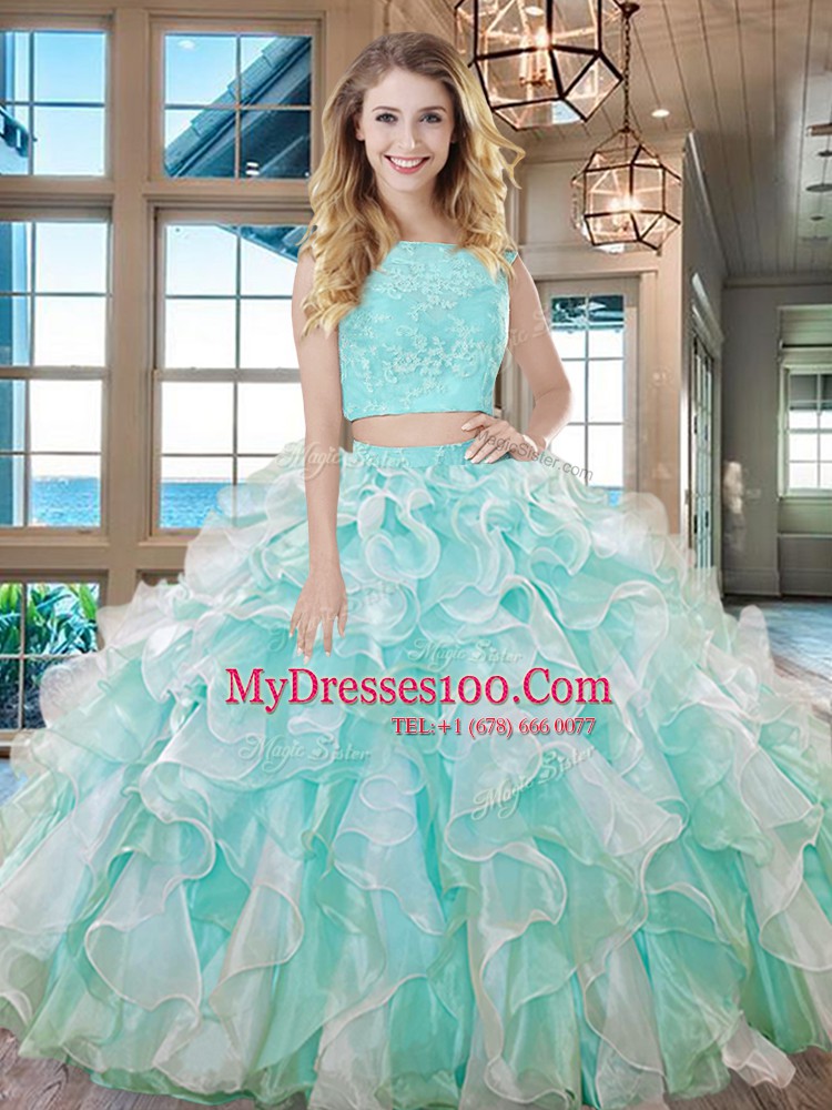 Floor Length Two Pieces Sleeveless Apple Green Quinceanera Gown Lace Up