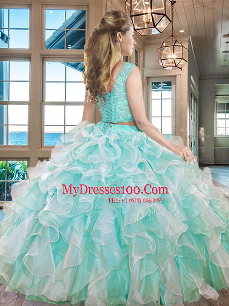 Floor Length Two Pieces Sleeveless Apple Green Quinceanera Gown Lace Up